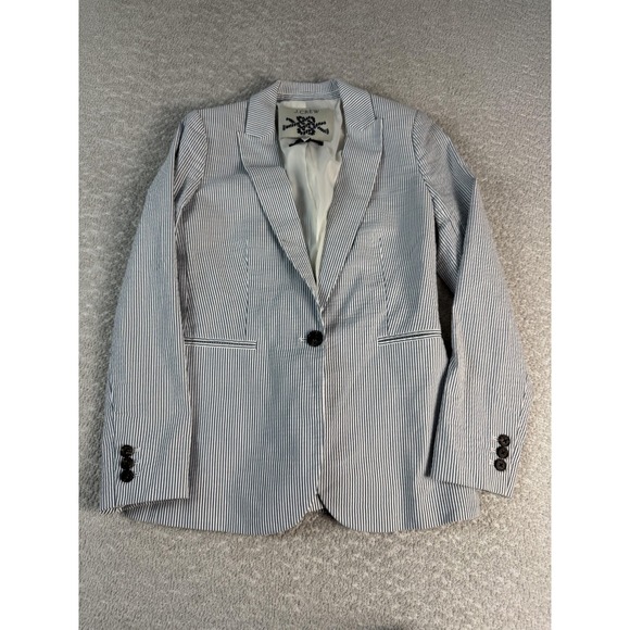 J Crew Blazer Womens 2 Blue White Striped Parke Seersucker Jacket Work Preppy - Picture 1 of 9